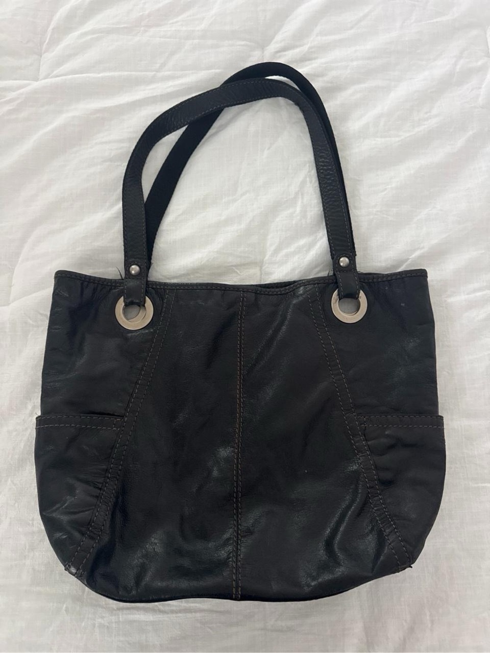 Vintage Fossil Black Leather Shoulder Bag with Silver Grommet Accents
